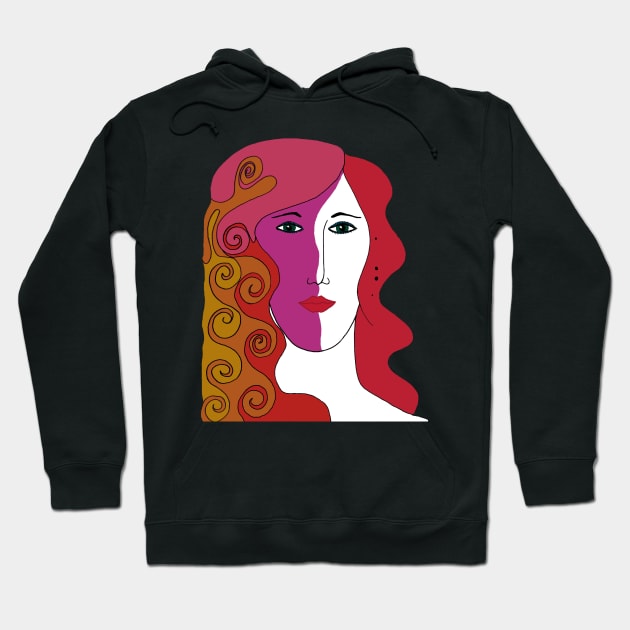 Woman's Face with Red, Pink and Orange Colored Hair Hoodie by karenmcfarland13